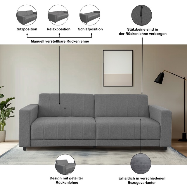 Dorel Home 3-Sitzer »Allie II Schlafsofa 225 cm« Bett-Funktion (108/190cm), Rückenlehne 2-teilig, mit Steppung