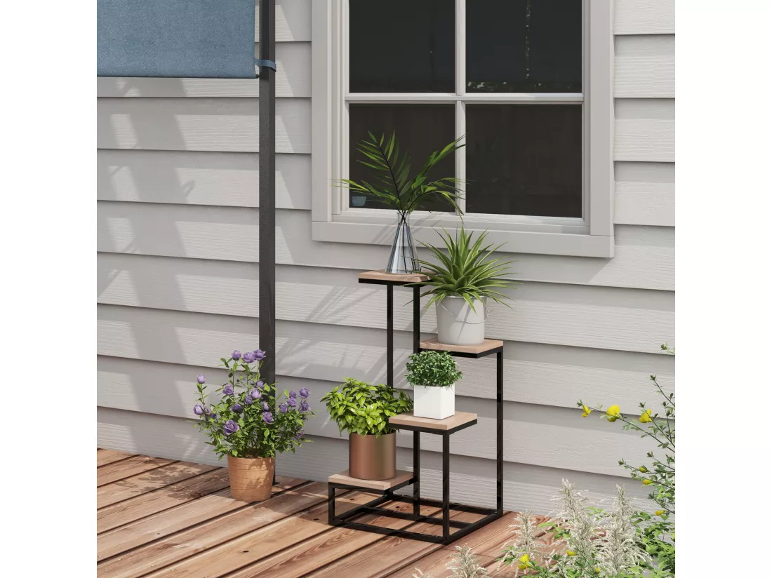 Porte-plantes style industriel 4 étagères - dim. 40L x 40l x 75H cm - acier noir bois sapin verni