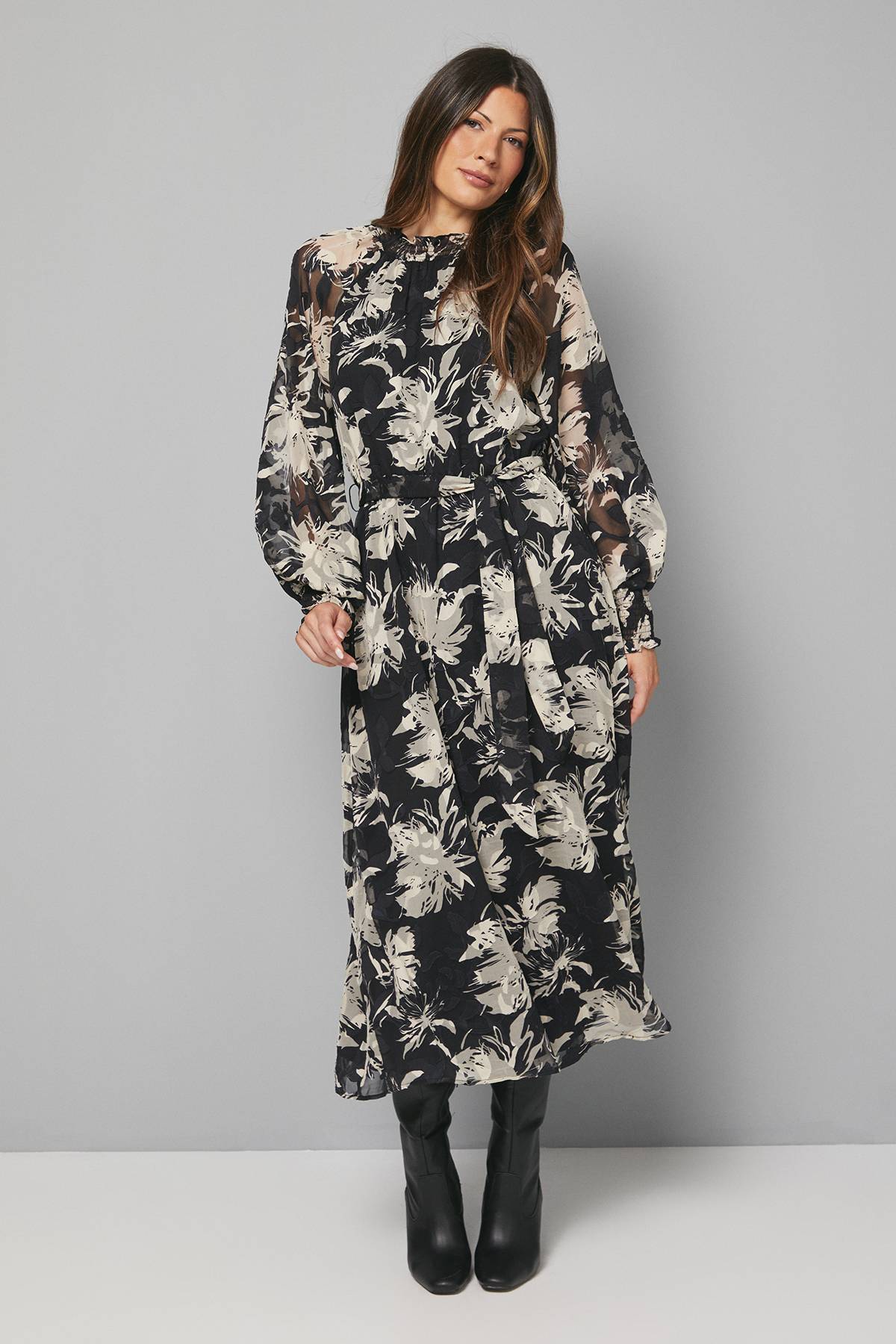 Wallis Robe Midaxi Froncée à Motif Floral Dévoré Noir