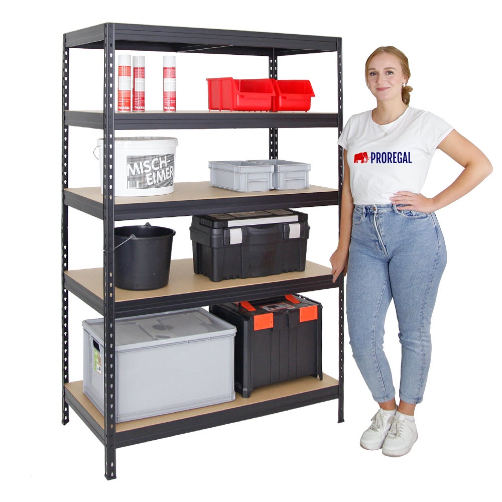PROREGAL Rivet Heavy-Duty stellingkast (H x B x D): 180 x 120 x 60 cm, draagvermogen van de stelling: 250 kg, innovatief insteeksysteem, zwart
