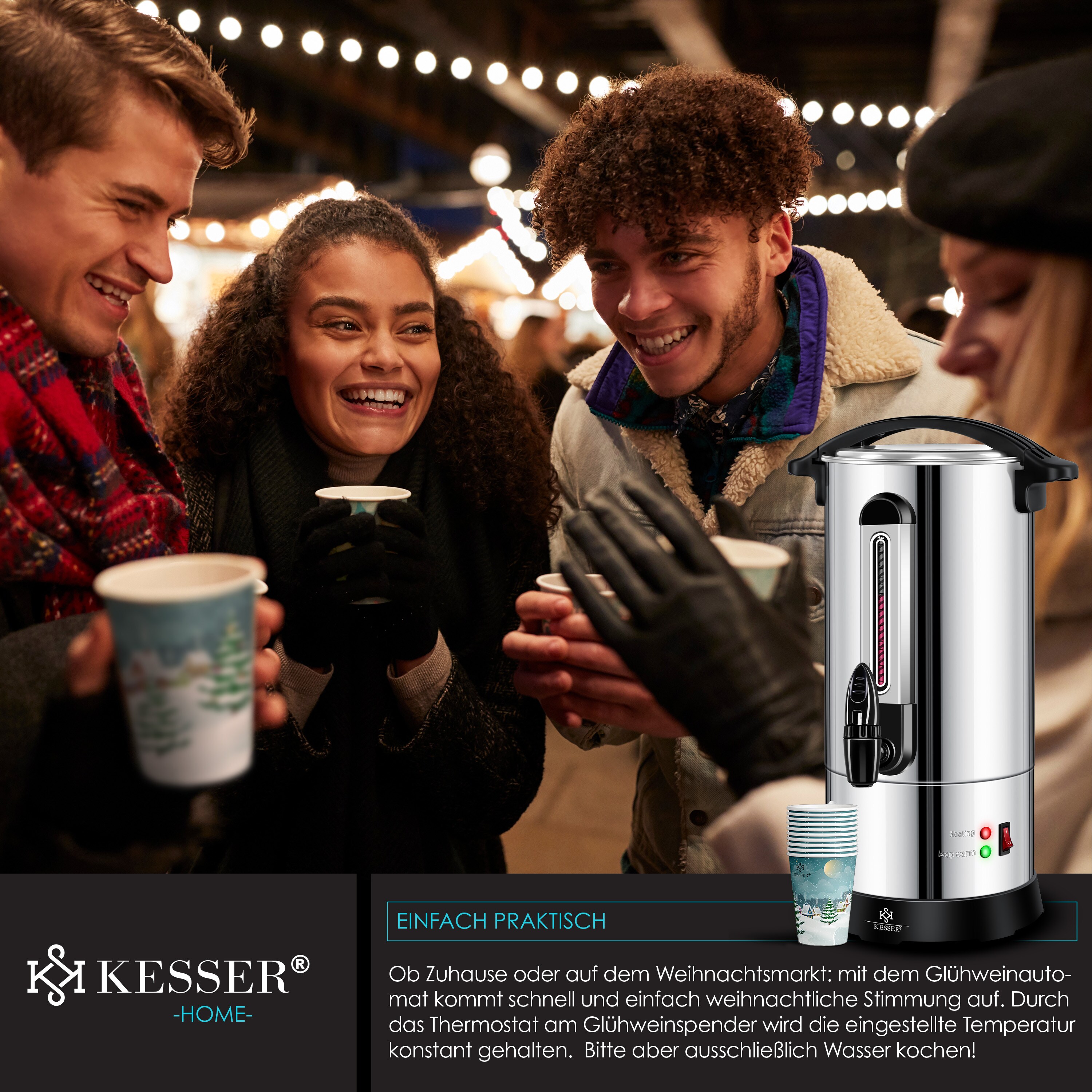 KESSER® Glühweinkessel 10L Edelstahl Inkl. 10x Becher Glühweinkocher mit Thermostat Glühweinautomat Heißgetränkeautomat Wasserkocher Heißwasserspender Einkochautomat Füllstandanzeige Zapfhahn