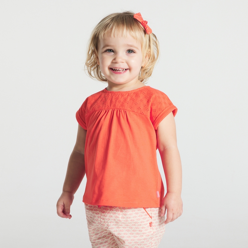 T-shirt bi-matière broderie anglaise orange bébé fille