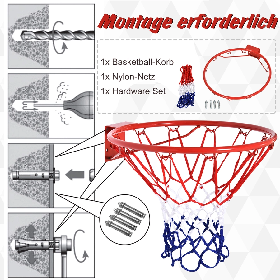 HOMCOM Basketballkorb mit Netz rot, blau, weiß