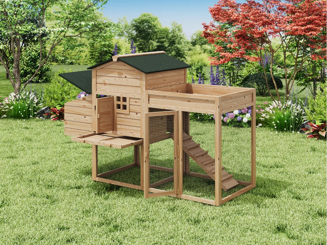 Poulailler avec enclos et potager - 4 poules - L. 168 x P. 64 x H. 109 cm - Naturel - CAMPORA