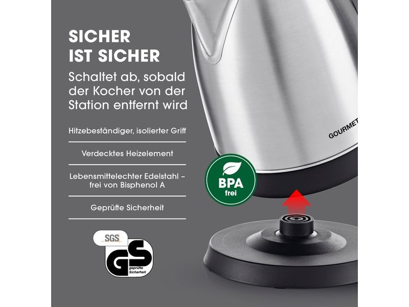 GOURMETmaxx Wasserkocher 1.8 l, Schwarz/Silber Edelstahl Wasserkocher