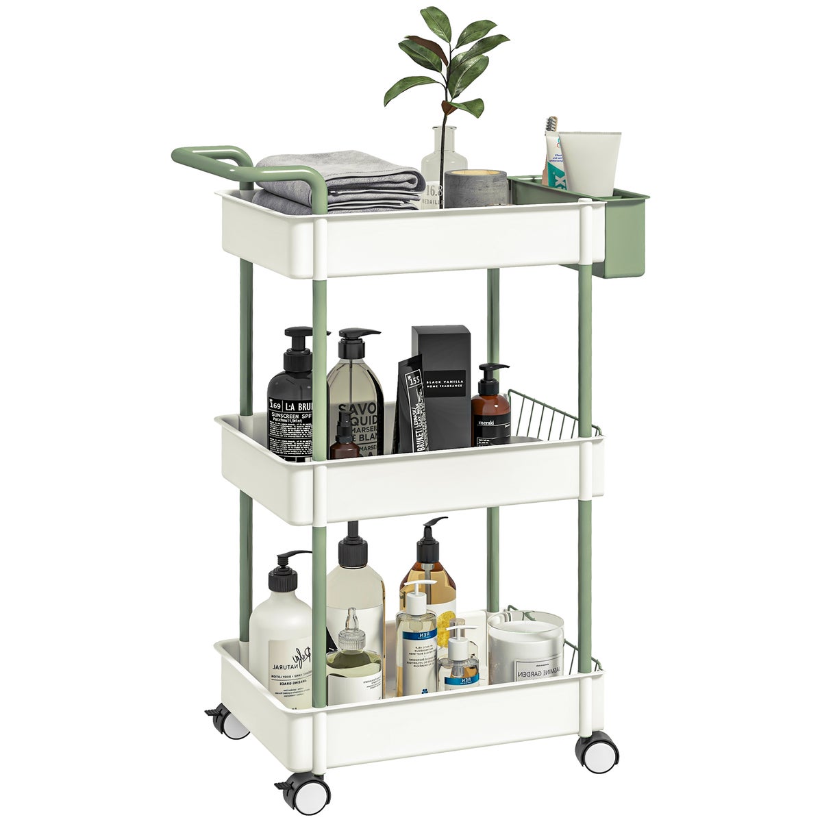 HOMCOM Rolwagen, serveerwagen met 3 niveaus, hangmand, opbergwagen met handvat, keukenwagen, bijzettafel voor keuken, woonkamer, kantoor, staal, wit