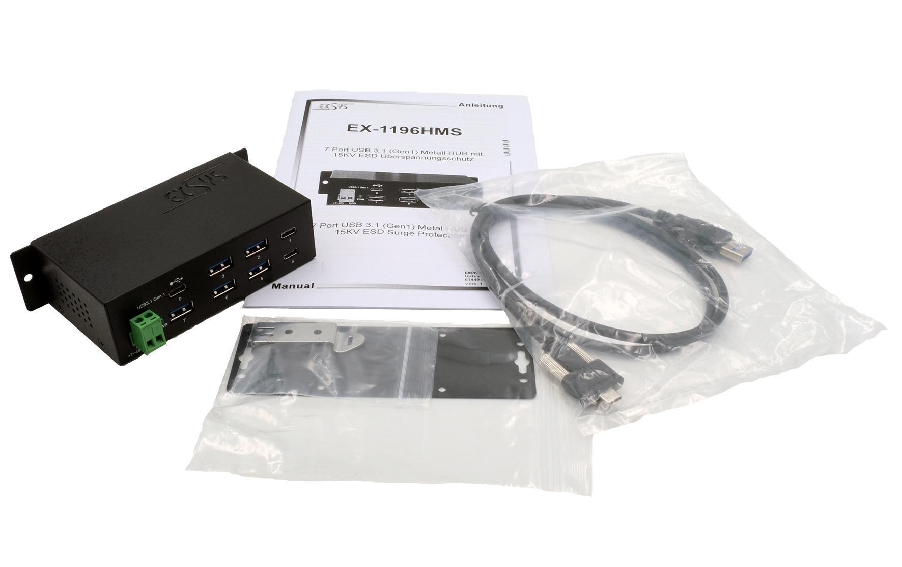 USB-Hub EX-1196HMS 7x USB 3.2 Gen 1<br>7 Port USB 3.2 Gen 1 Metall HUB mit 2x USB-C und 5x USB-A Ports (Surge Protection)