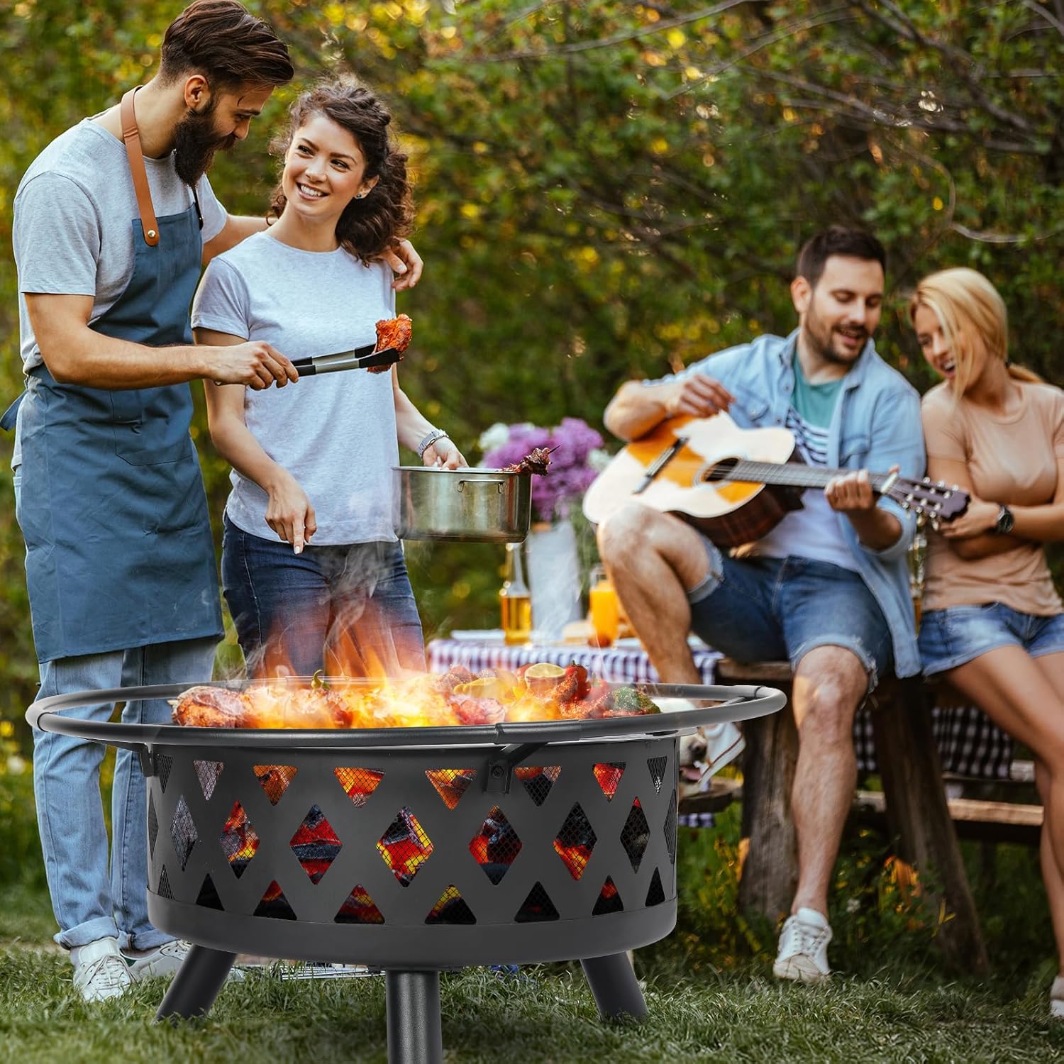 TLSUNNY Feuerschale, Ø 80cm Feuerkorb mit Funkenschutz und Schürhaken, Feuerschalen für den Garten Groß, Feuerstelle mit Grill, BBQ Feuerstelle Outdoor, Retro-Look Fire Pit, Zum Grillen und Heizen