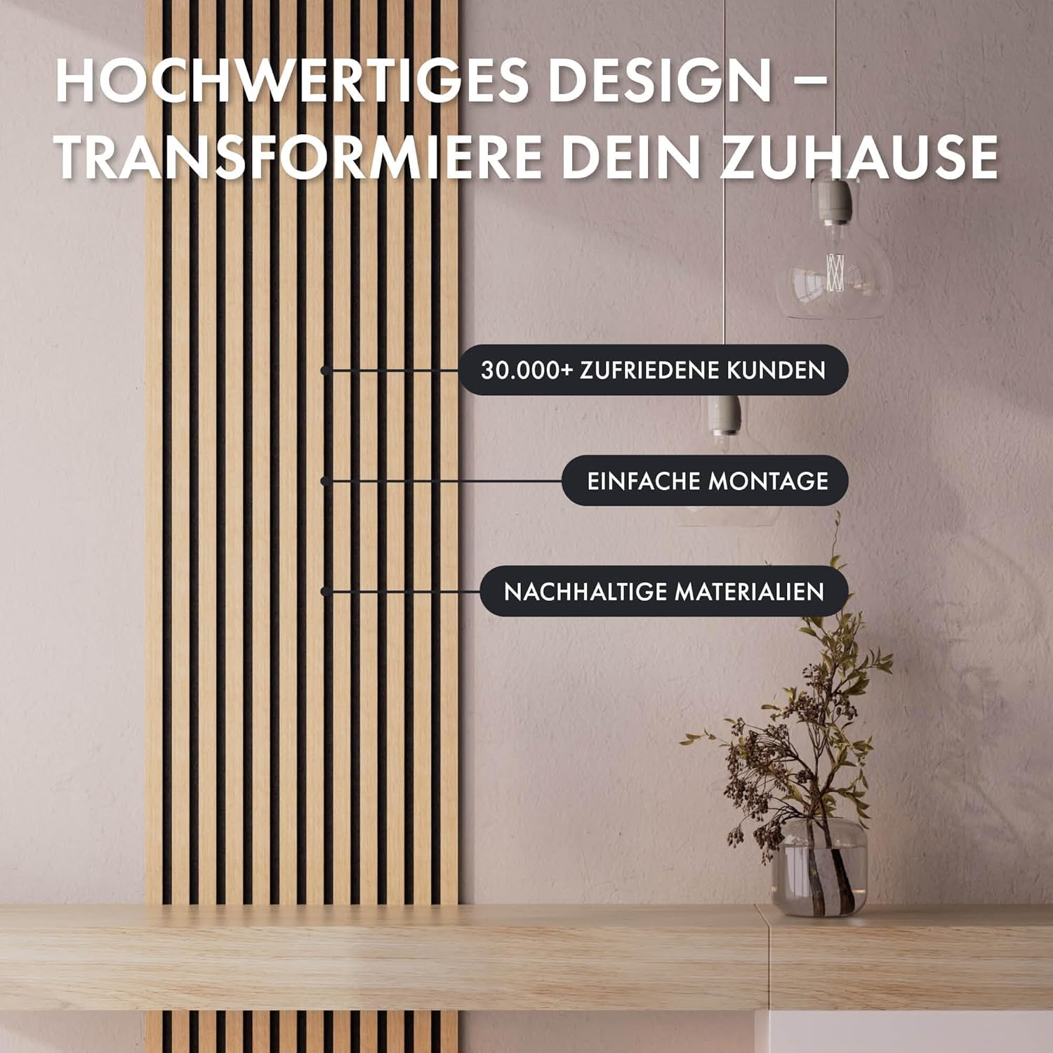 Momento 5 Stück Akustikpaneele Holz 240x50 cm - Made in Germany - Eiche Natur - Wandverkleidung Innen Wandpaneele Holzoptik - 3D Lamellenwand Paneele - Akustik Holzpaneele Wand Holzverkleidung Panel