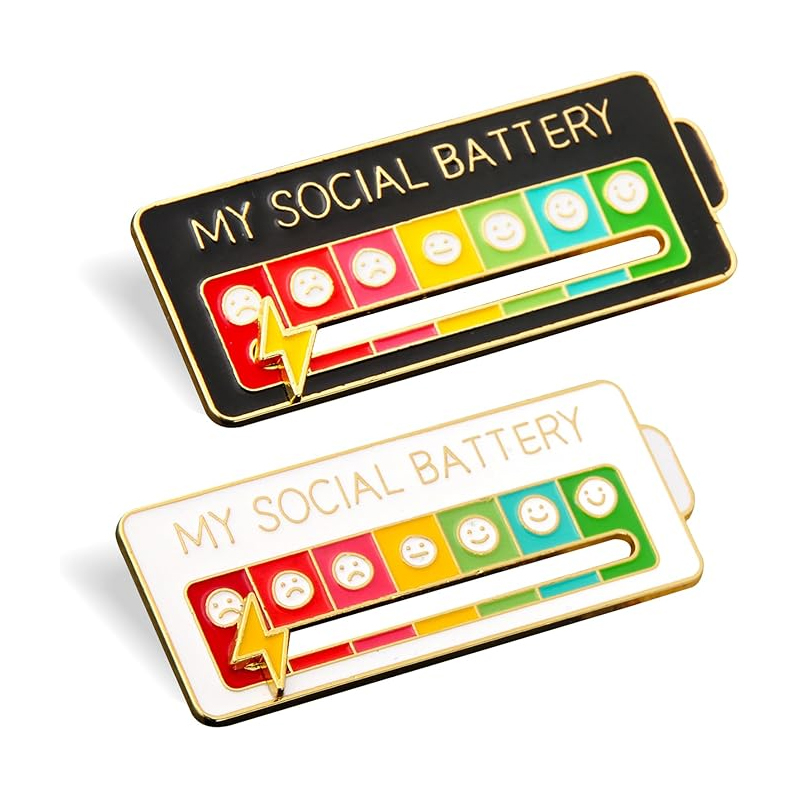 (2er Set) My Social Battery Pin Brosche Kleider Anstecker Soziale Stimmung Badge - Schwarz / Weiss