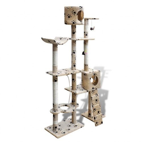 Arranhador bege para gatos com pegadas de patas.