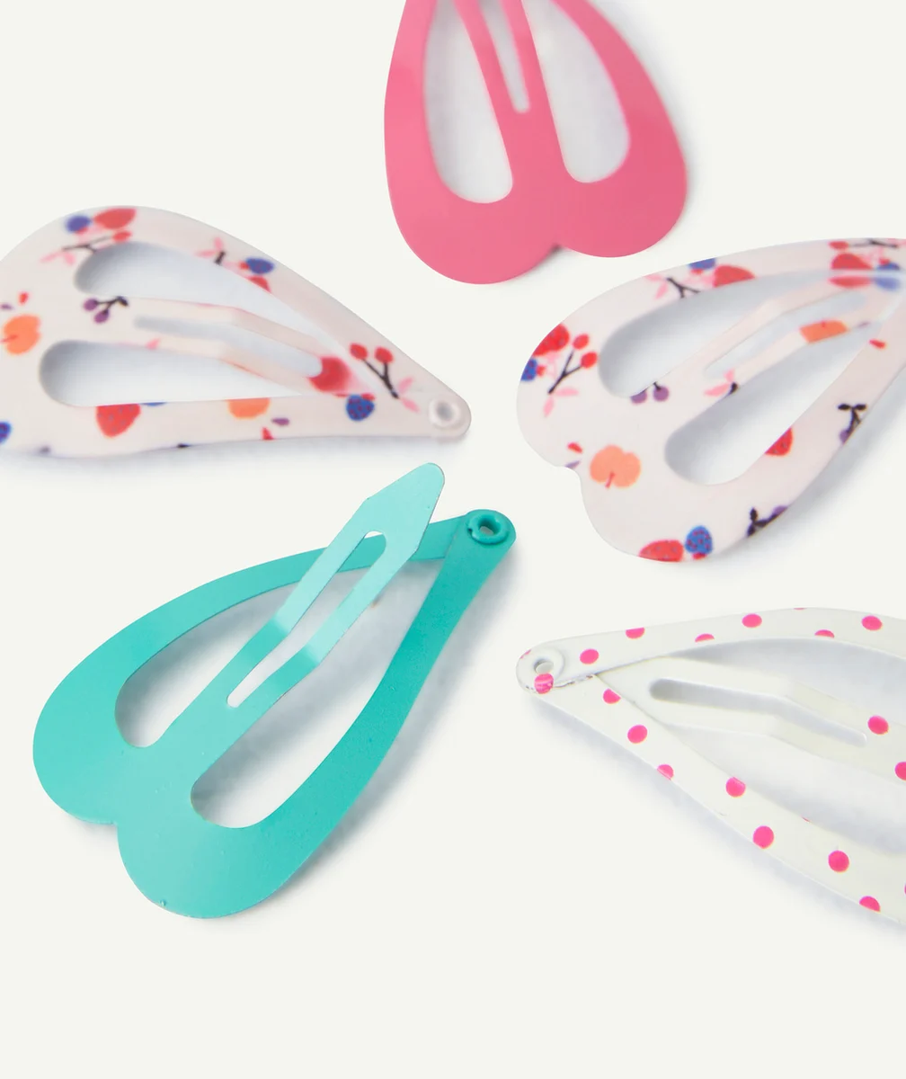 LOT DE 5 BARETTES BÉBÉ FILLE EN FORME DE COEUR IMPRIMÉS OU UNIS
