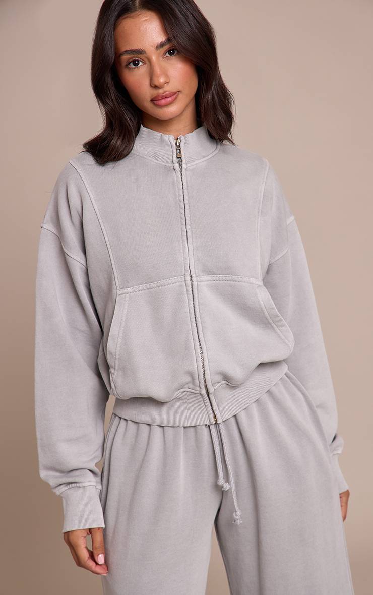 Washed Grey Sweat-shirt Petite À Col Cheminée Et Fermeture Éclair
