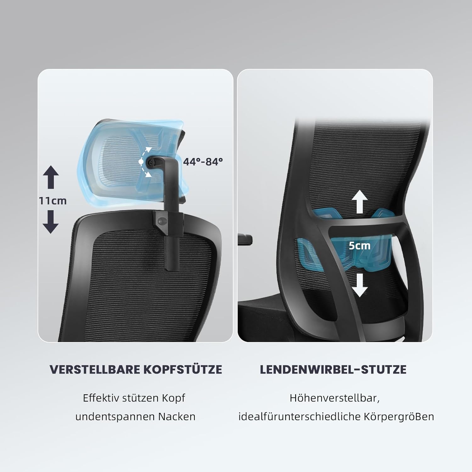 Ergonomischer Bürostuhl, Schreibtischstuhl Höhenverstellbar, Drehstuhl mit Verstellbarer Lendenwirbelstütze und Kopfstütze, 90°-130°Liegefunktion, Bürostuhl bis 150 kg Belastbar, Schwarz