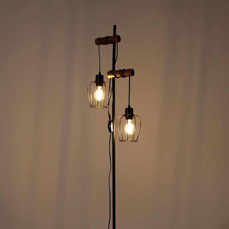 Landelijke vloerlamp zwart met hout 2-lichts - Stronk