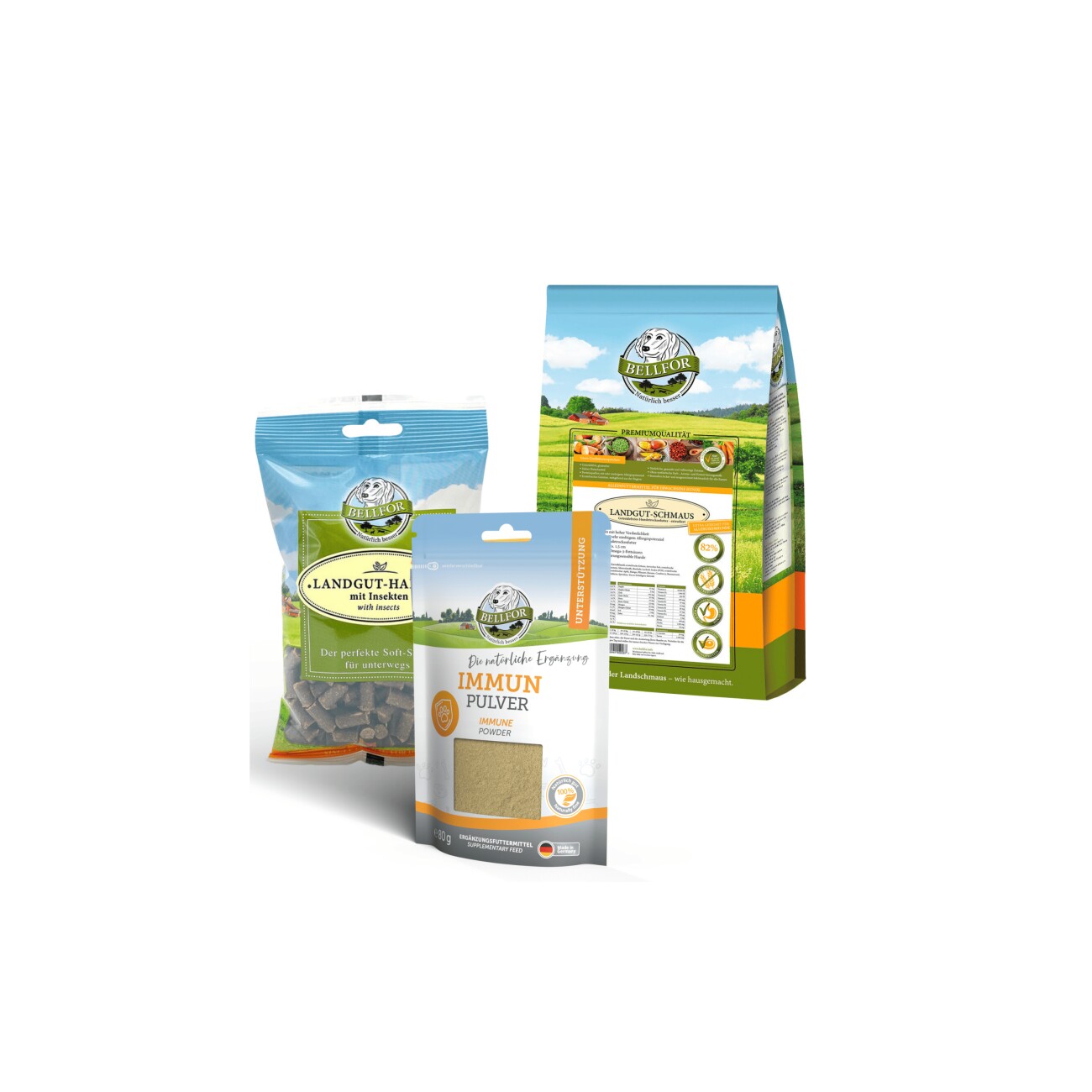 Bellfor IBD Set für Hunde - Landgut-Schmaus 7,5 kg + Immun Pulver 80g + Landgut-Happen 200g