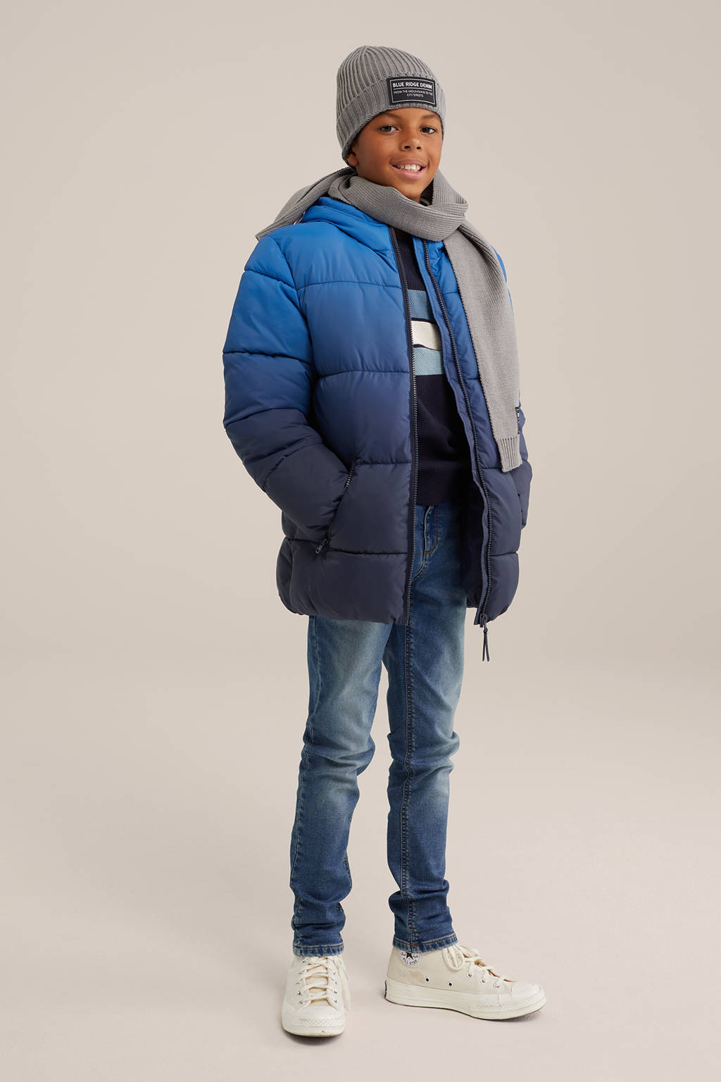 WE Fashion dip-dye gewatteerde winterjas blauw/donkerblauw