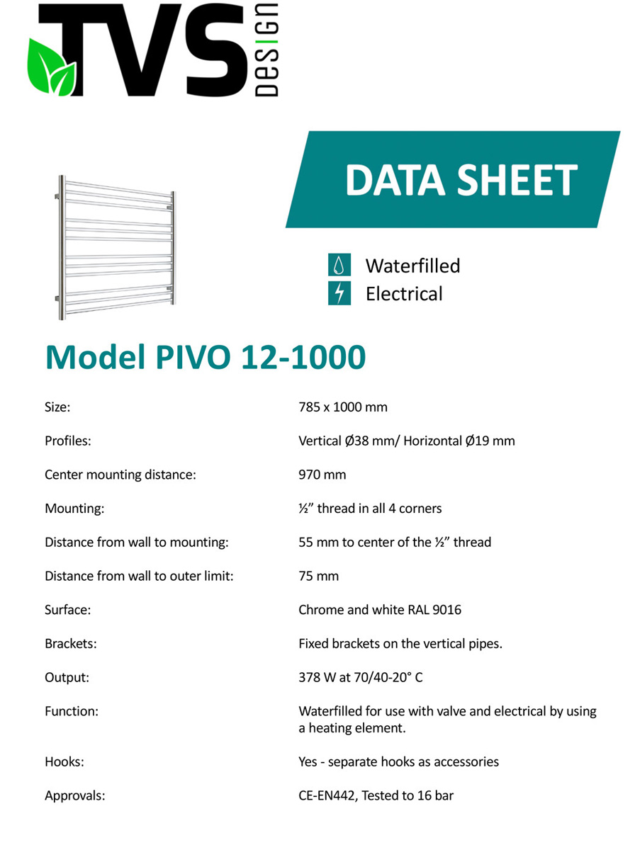TVS Design Pivo handdoekradiator wit 378W 78,5x100cm