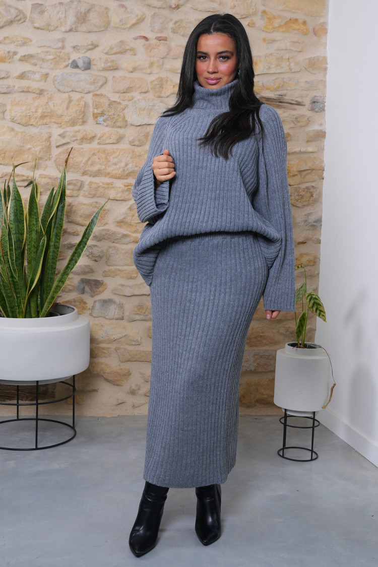 Ensemble 2 pièces pull + jupe en maille gris