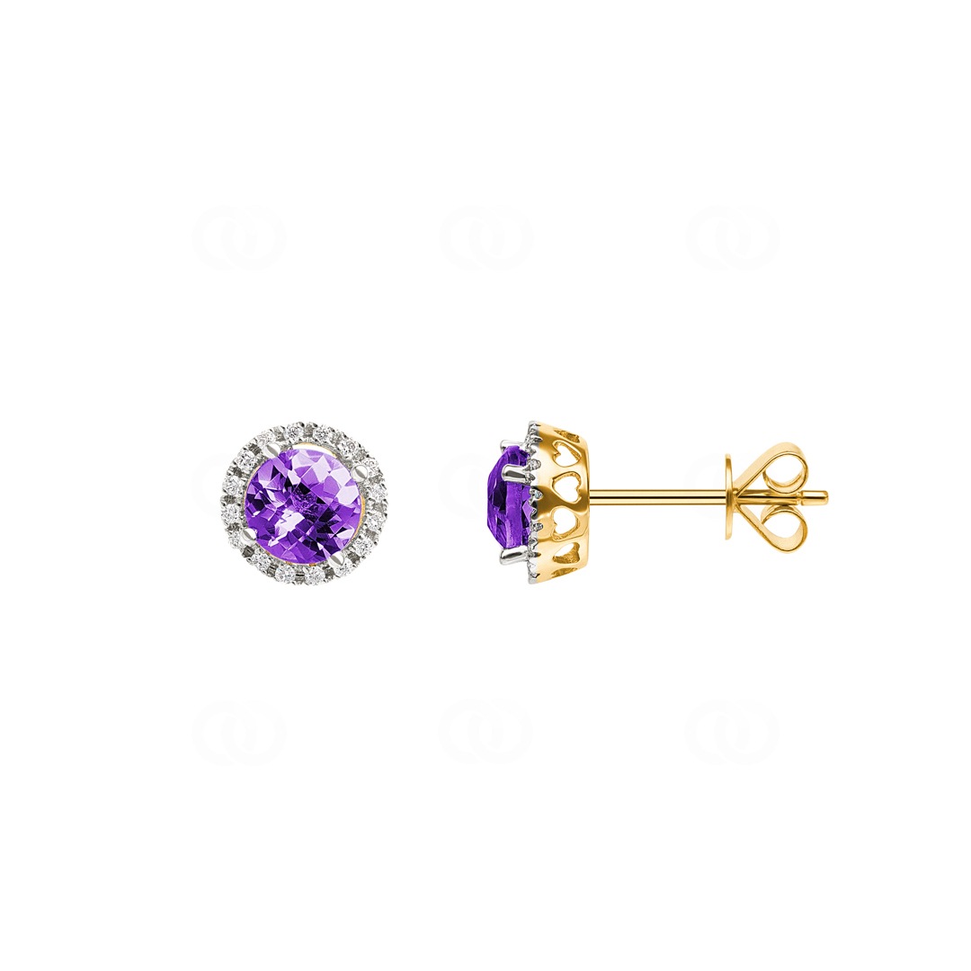 Ohrstecker 750/18 K Gelbgold mit Amethyst rund und Diamanten 0.09 ct H/si