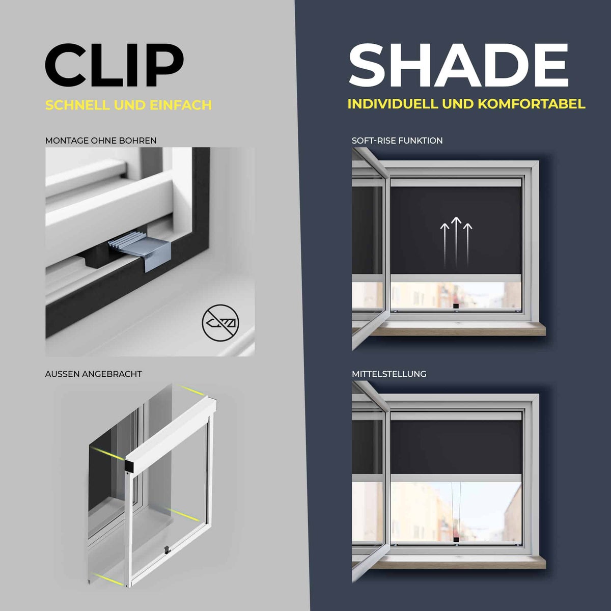 CLIP'N'SHADE Wit - Buitenrolgordijn tegen hitte, jaloezie, privacy- en verduisteringsgordijn voor ramen, warmtewerend rolgordijn zonder boren (Breedte: 80 cm, Hoogte: 60-90 cm, Transparant)