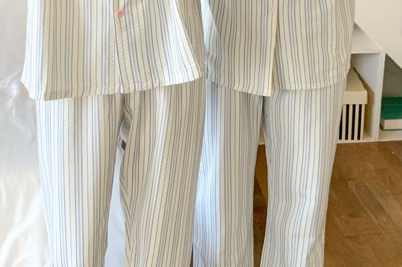Tanee - Bijpassende pyjamaset voor koppels: top met lange mouwen, kraag, strepen en knopen + broek (verschillende ontwerpen)