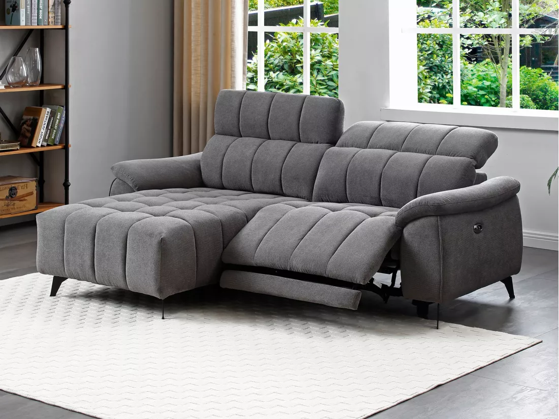 Canapé d'angle gauche relax électrique en tissu texturé gris CELTIMO