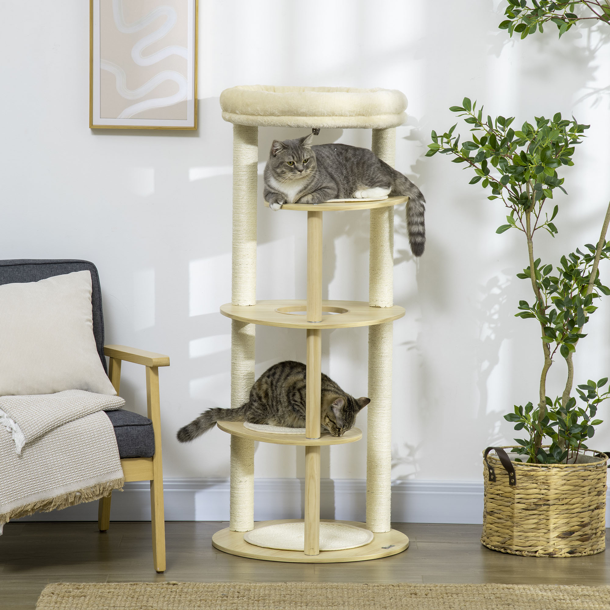Árvore arranhadora de madeira PawHut para gatos, 123,5 cm, torre de escalada com múltiplas plataformas, cama removível e almofadas, Ø54x123,5 cm, carvalho.