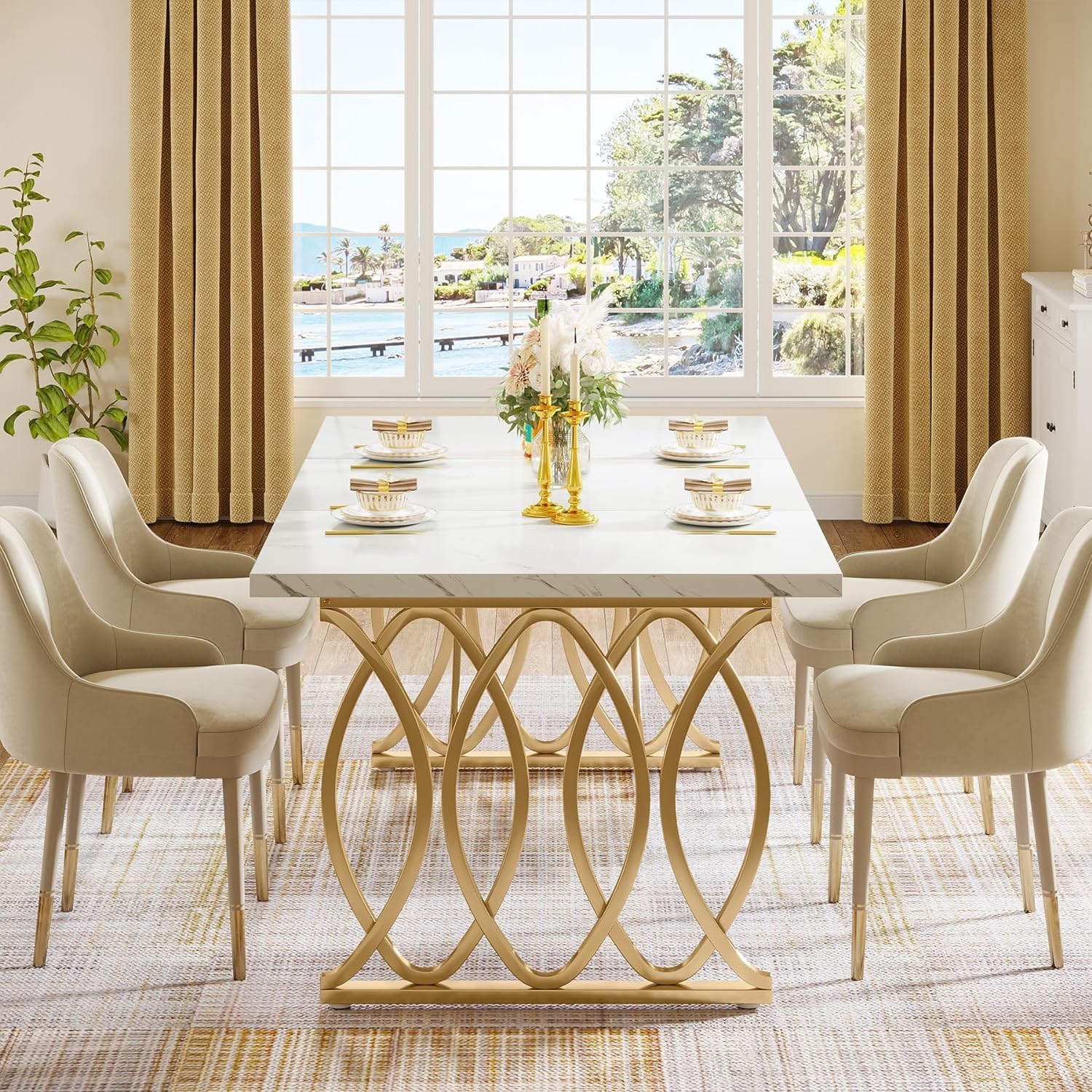 Tribesigns Moderner Esstisch für 6 Personen, Tisch Wohnzimmer, 160 x 80 x 75 cm, Rechteckig, Küchentisch, Esstisch für Esszimmer und Küche, Wohnzimmer, Moderner-Design, Weiß und Gold