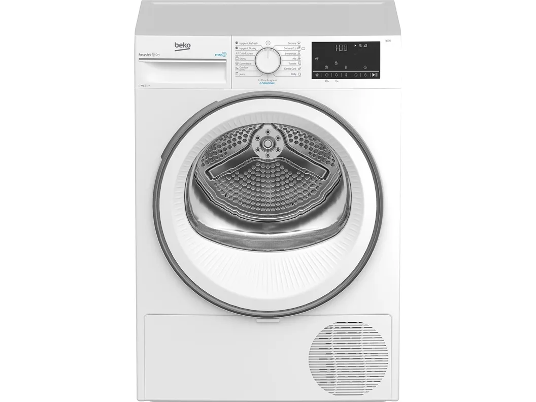 Beko B3T67230, Fritstående, Front-læsning, Varmepumpe, Hvid, Dreje, Rustfrit stål