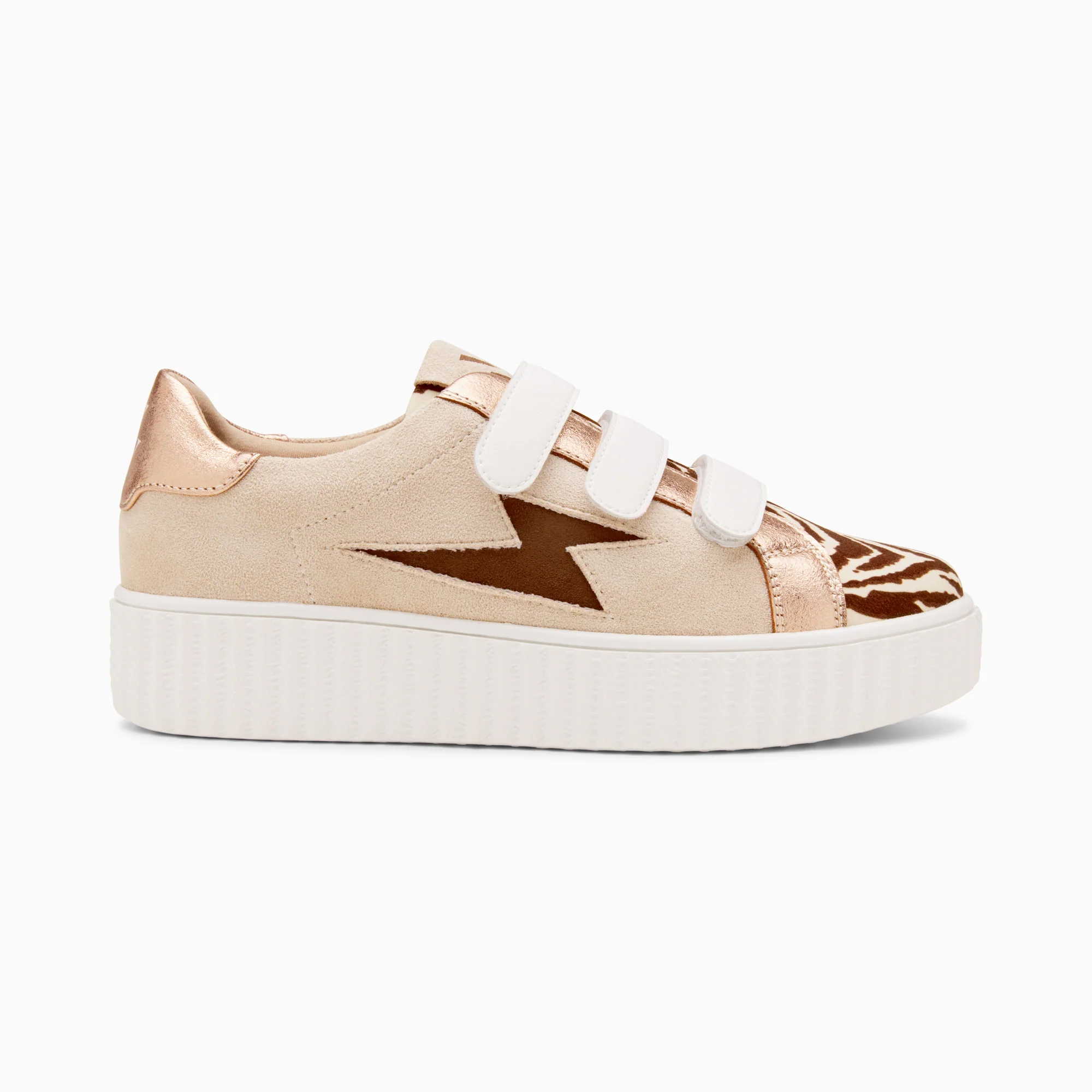 Sneakers-Baskets éclair Ingrid beige et zèbre chocolat à scratchs