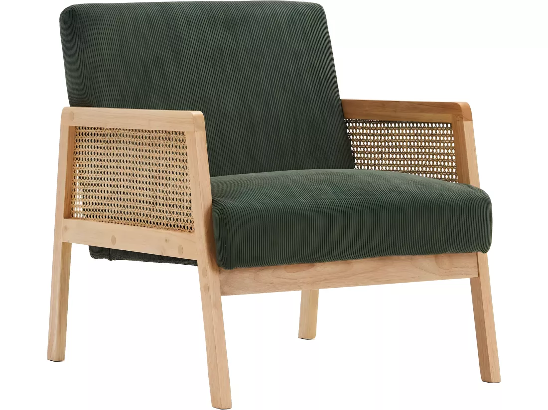 Fauteuil en cannage et velours côtelé vert kaki - Mani