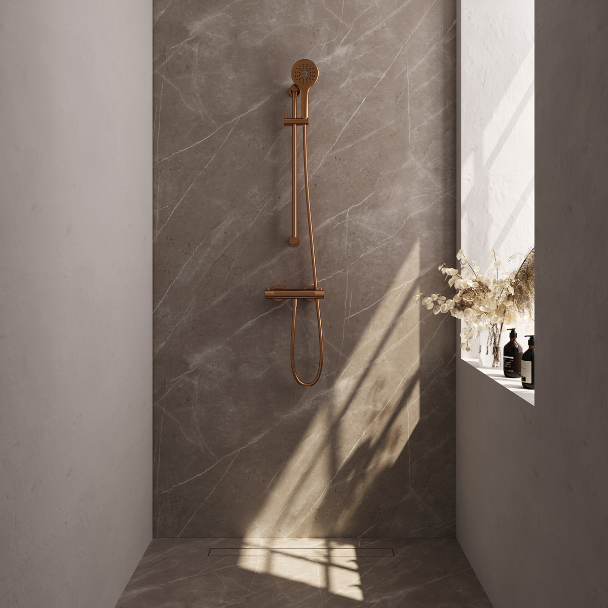 Brauer Copper Carving thermostatische douchekraan met glijstang en 3 standen handdouche geborsteld koper PVD