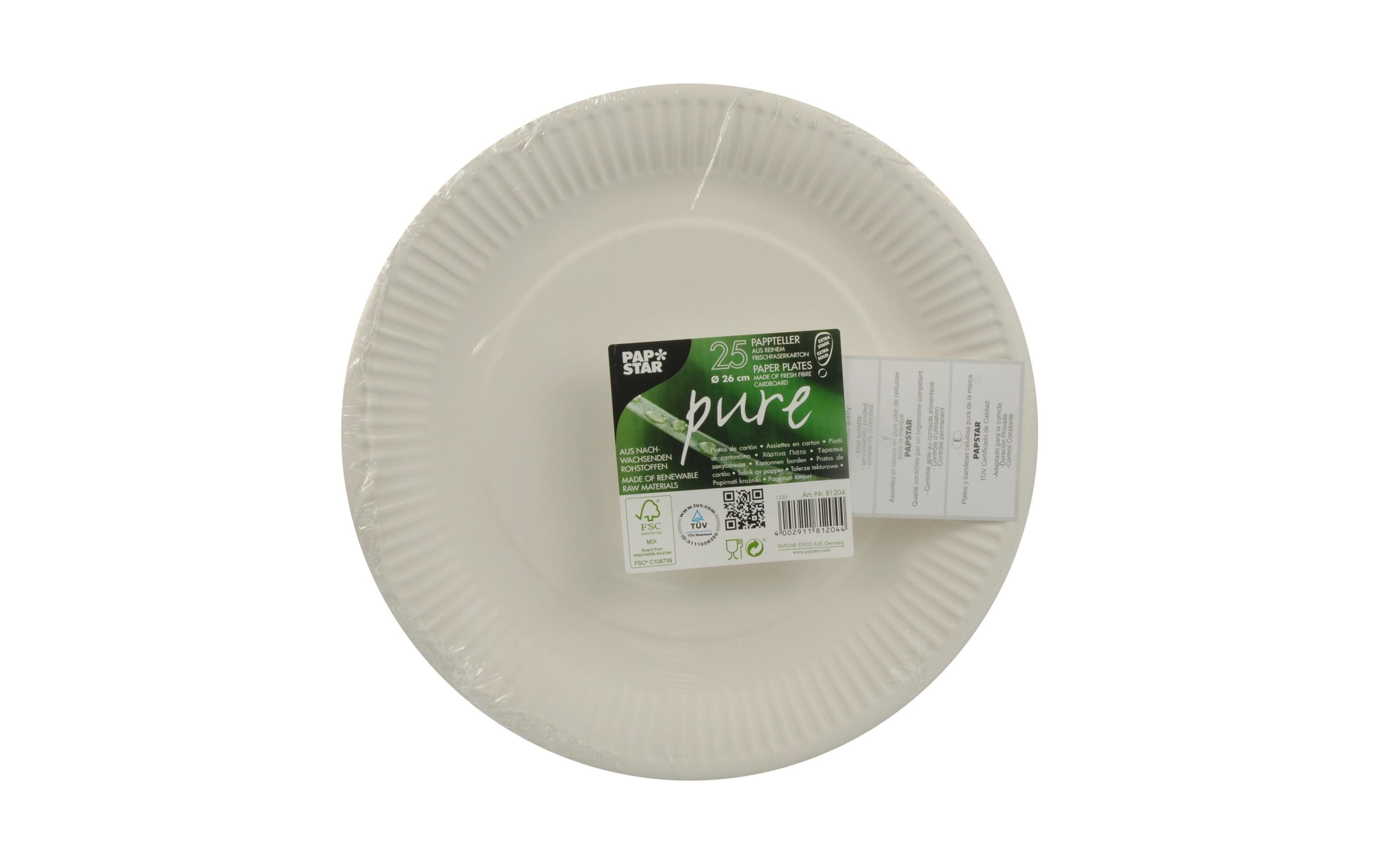 Einwegteller Pure 26 cm, 25 Stück, WeissPappteller für Partys