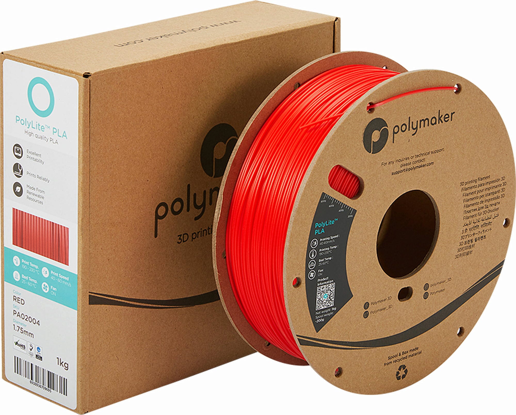 Polymaker  PolyLite PLA Rot, 1,75 mm / 1000 g    Hochwertiges günstiges PLA von Polymaker in Rot
