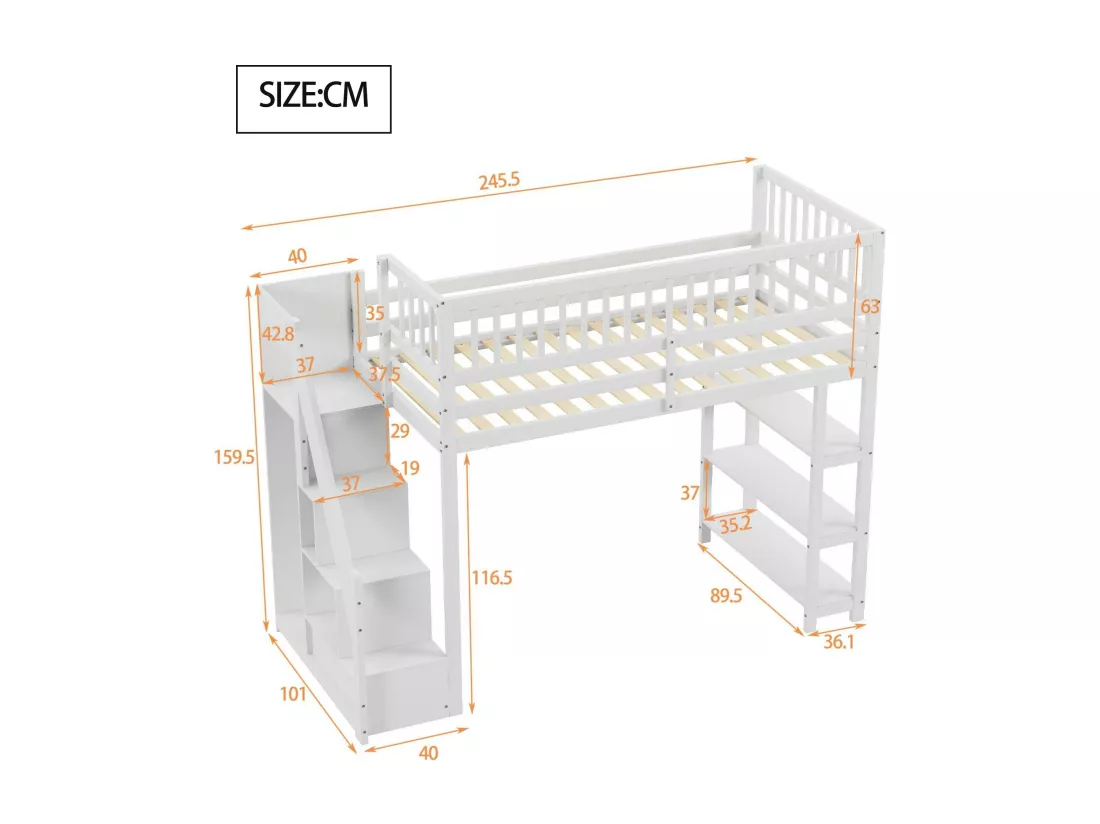 Lit mezzanine 90x200 cm en bois - avec étagères et une penderie - avec barres hautes - Blanc