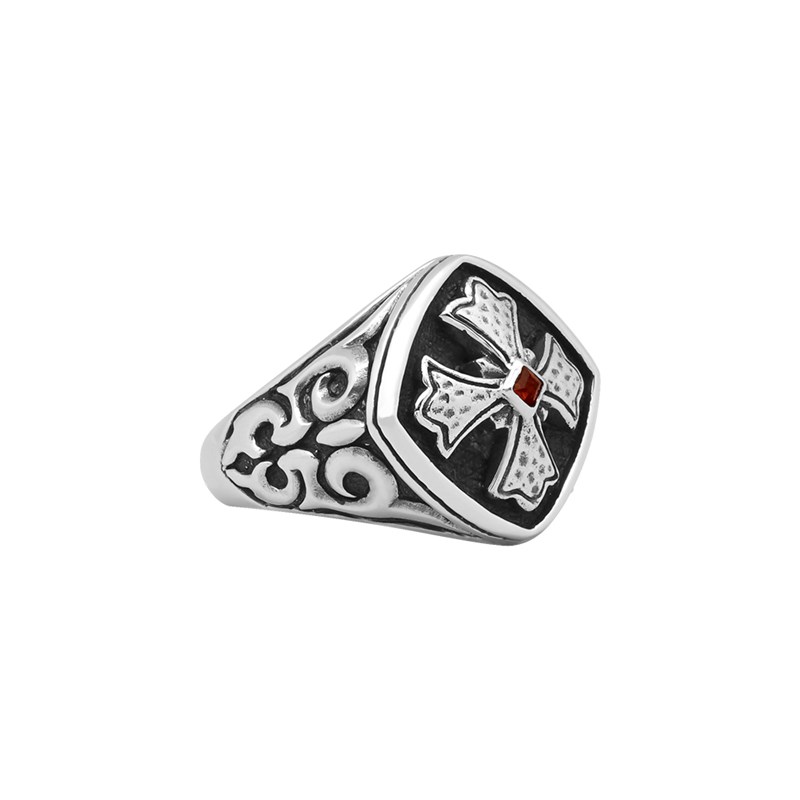 Bague Chevalière Homme Argent Croix De Malte Et Grenat