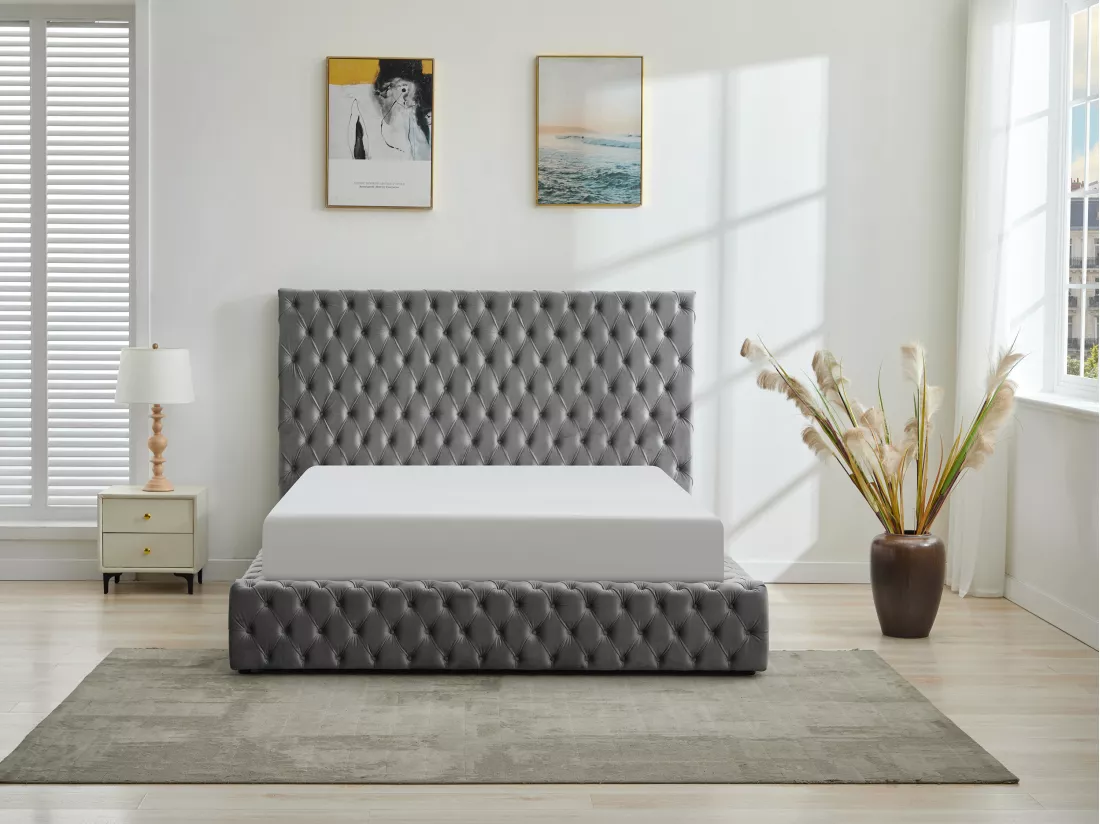 Lit coffre chesterfield 180 x 200 cm - Velours - Gris + Matelas - DULENI