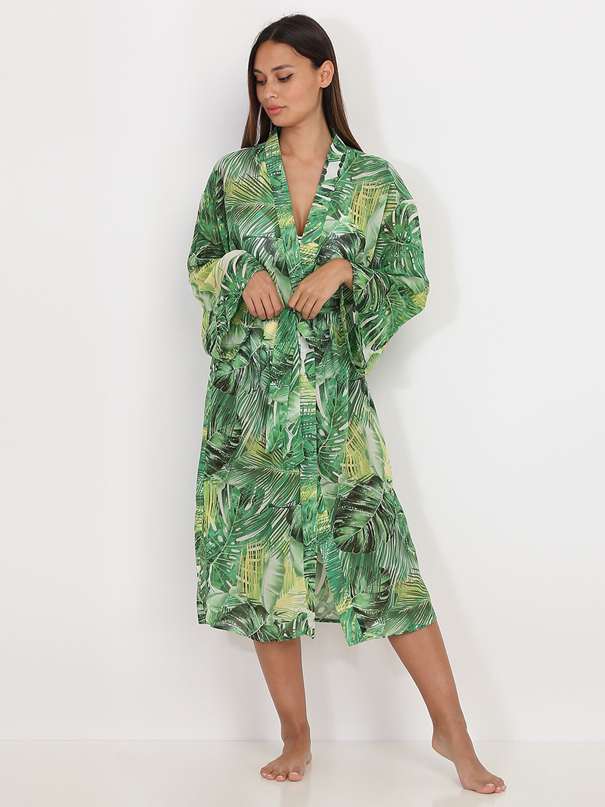 Kimono mi-long à imprimé tropical- Vert