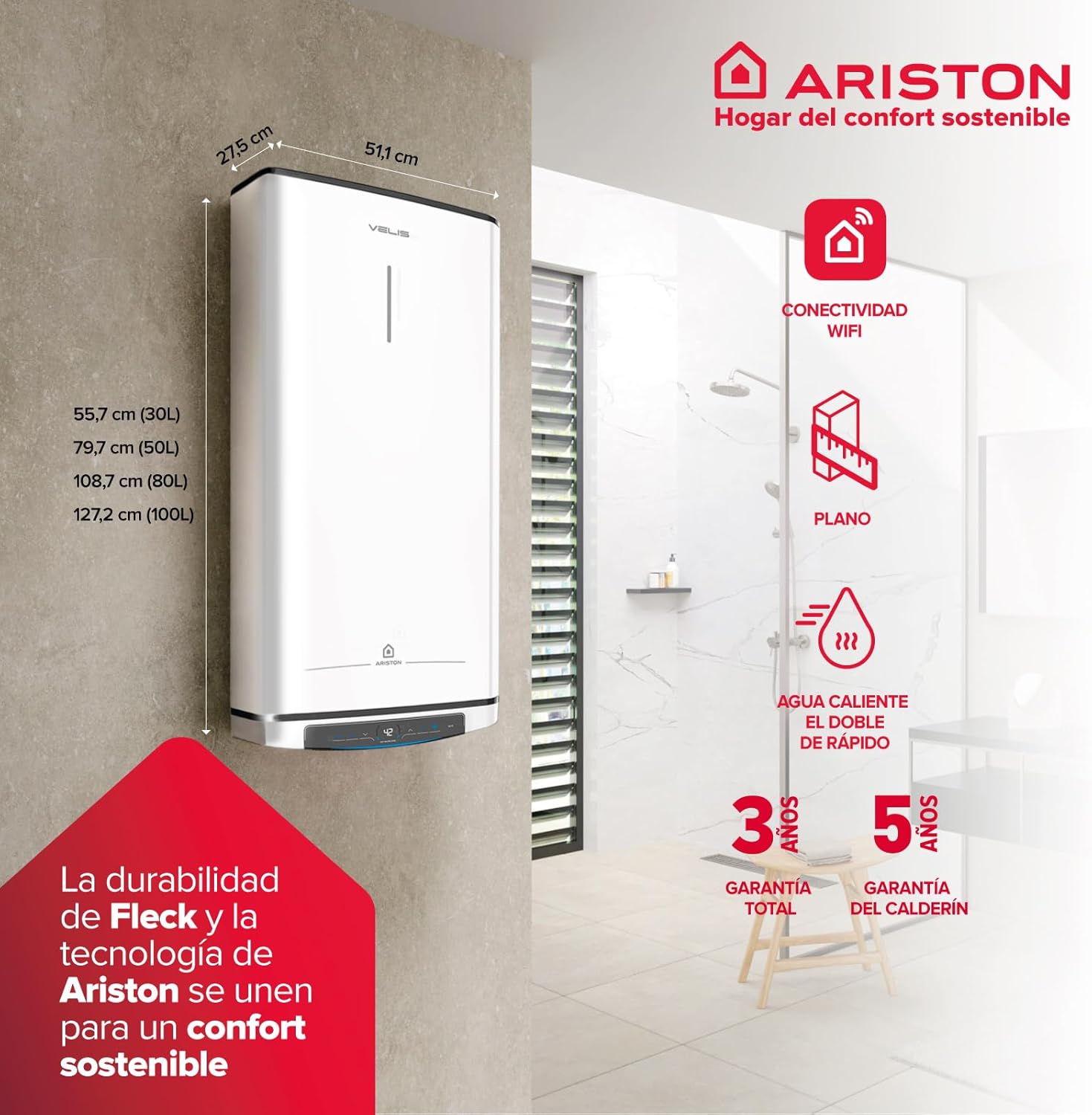 Ariston Velis Pro Wifi Elektrischer Warmwasserbereiter, niedriger Stromverbrauch, mehrere Positionen, 50 Liter, flach, WLAN und ECO-EVO-Funktion, 79,7 x 27,5 x 51,1 cm, Installation in Spanien