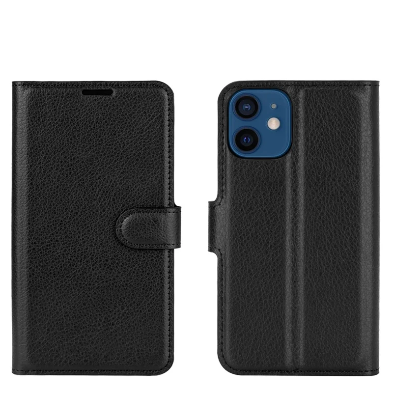 iPhone 12 Mini Leder Tasche Flip Cover Litchi Look - Schwarz