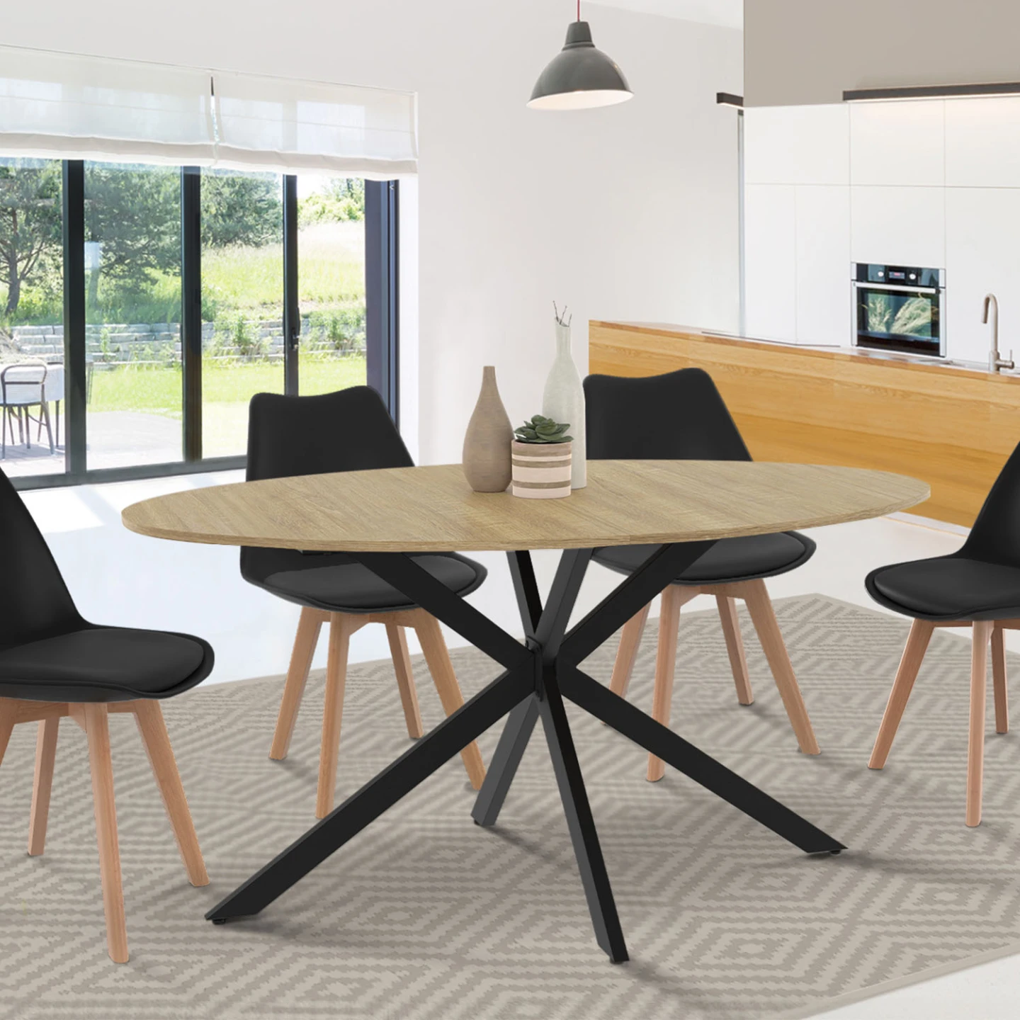 Table à manger ovale ALIX 8 personnes pied araignée bois et noir 150 cm