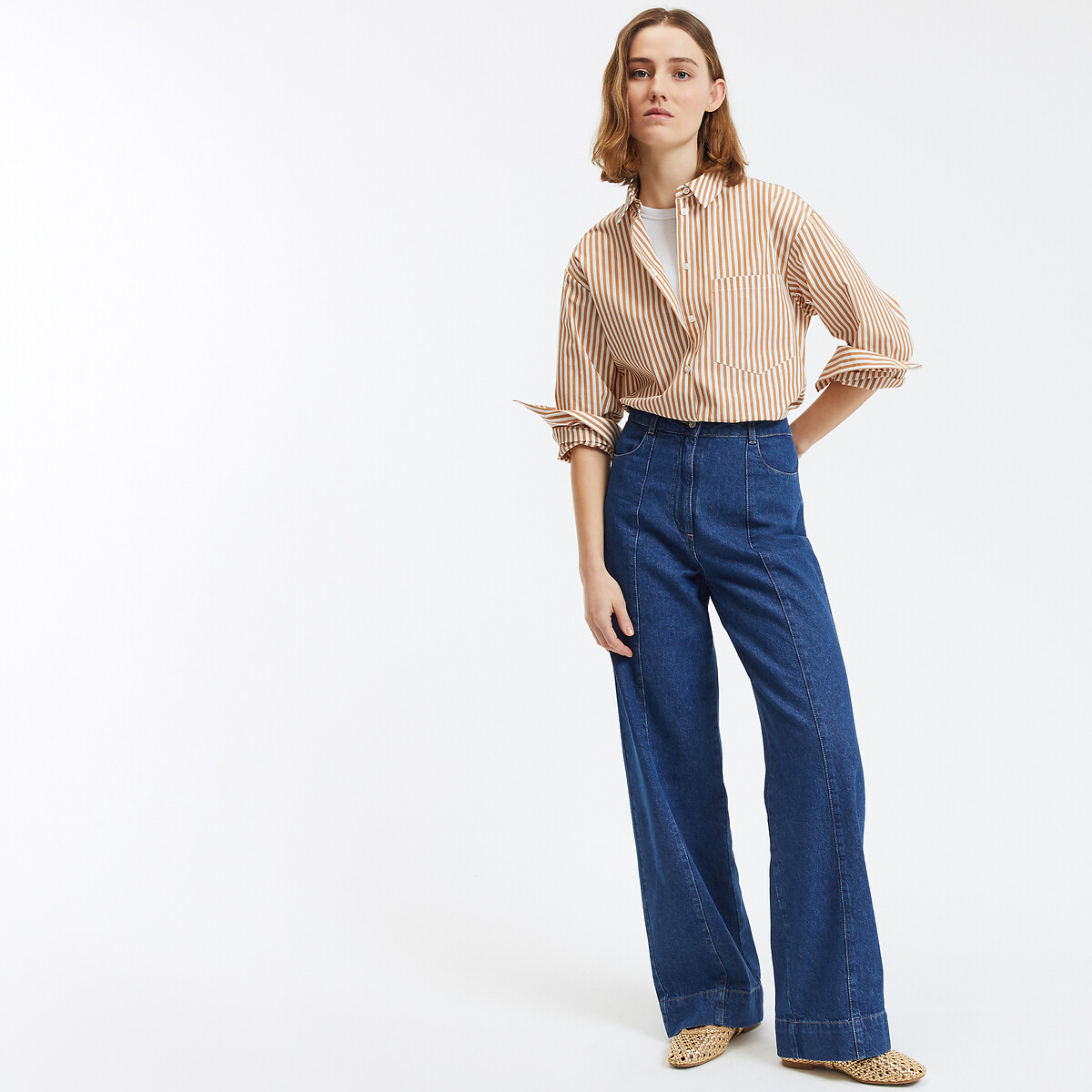 COLEÇÕES LA REDOUTE<br>Calça jeans de perna larga, detalhes de costura, cintura alta