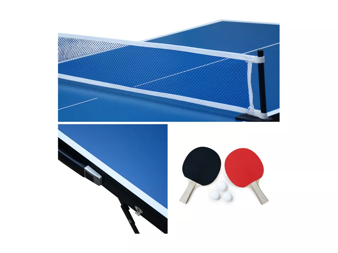 Mini table de ping pong 150x75cm - table pliable INDOOR bleue. avec 4 raquettes et 6 balles. valise de jeu pour utilisation intérieure. sport tennis de table