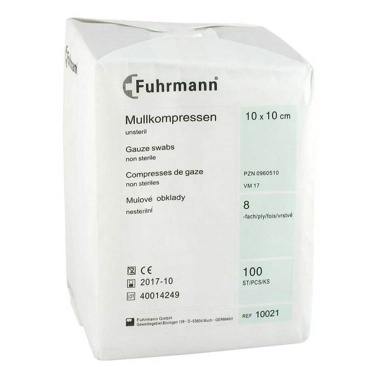 Mullkompressen 10x10 cm unsteril 8-fach, 100 St