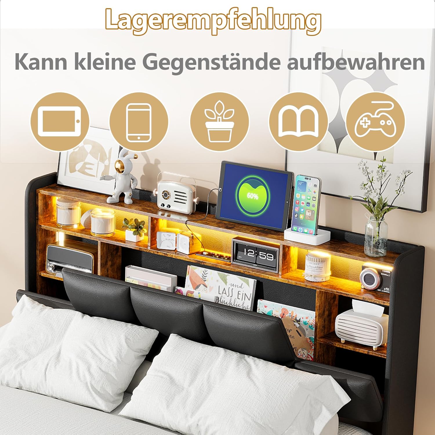 Polsterbett 140x200 mit Stauraum, Hydraulisch Stauraumbett, Jugendbett mit LED/USB, Bettgestell mit Kopfteil und Lattenrost, Funktionsbett, PU (Schwarz, 140 x 200 cm)