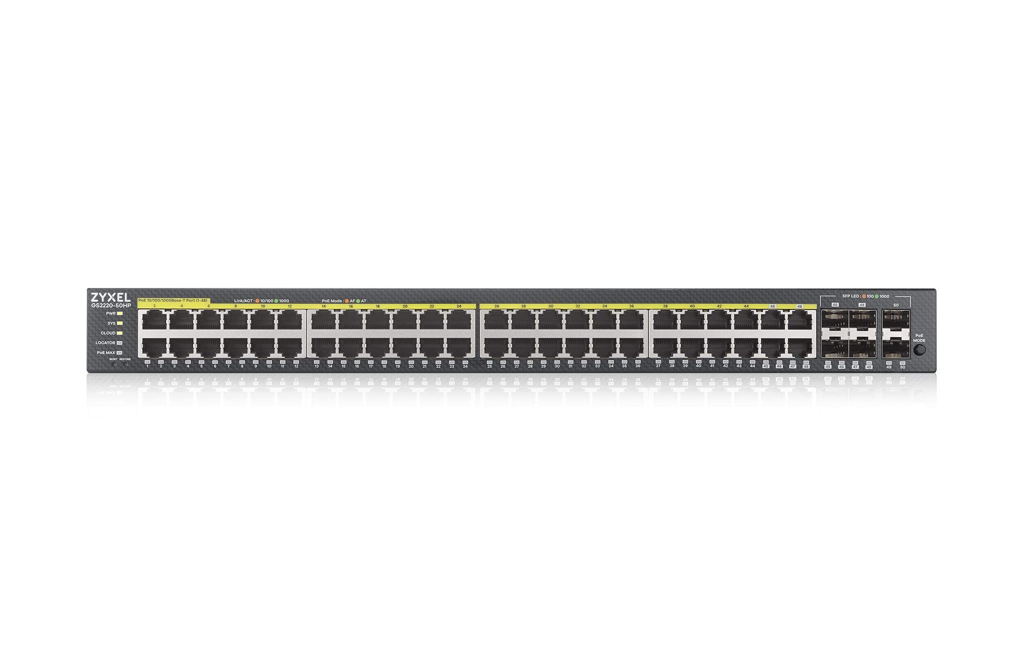 PoE+ Switch GS2220-50HP 50 Port<br>50-Port-GbE-Switch, Layer 2 managed, 44x GbE PoE 802.3at RJ-45 Ports, 4x GbE Combo-Port, 2x SFP Ports