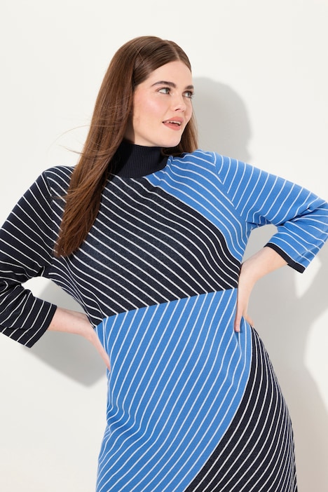Strick-Midikleid, Stehkragen, 3/4-Arm, Biobaumwolle