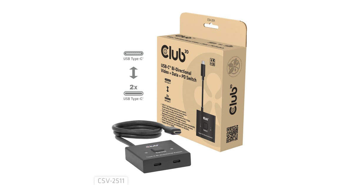 Club 3DUSB-C Bi-Directional Video + Data + PD Switch usb-switch  (Zwart)