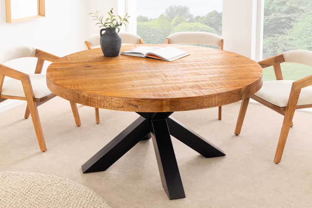 Runder Esstisch THOR 140cm natur massives Mangoholz schwarzes Metallgestell